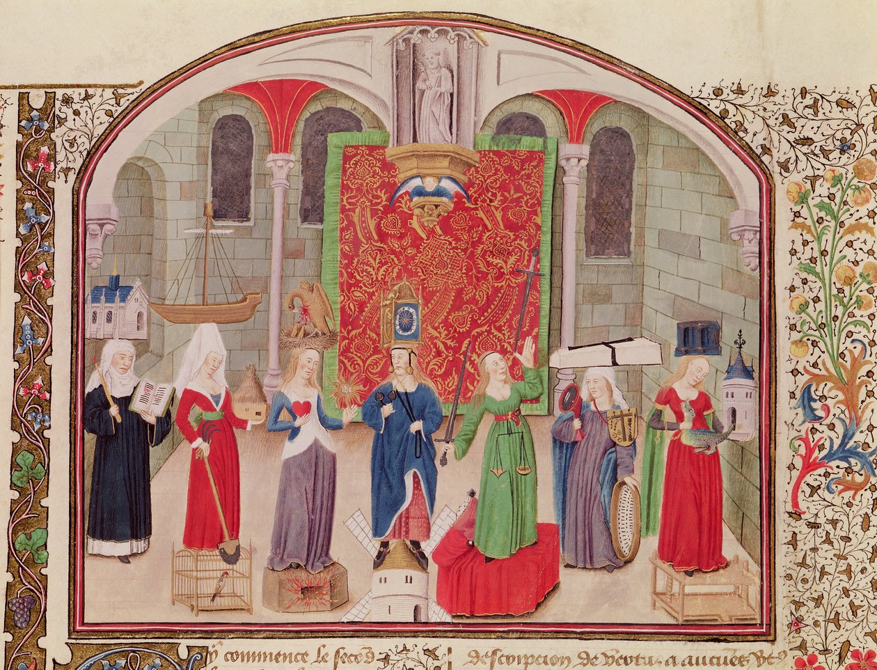 Ms 927 Fol.17v Teologiset ja kardinaaliset hyveet, Aristoteleen (384-322 eKr.) teoksesta Etiikka, politiikka ja taloustiede tekijältä French School