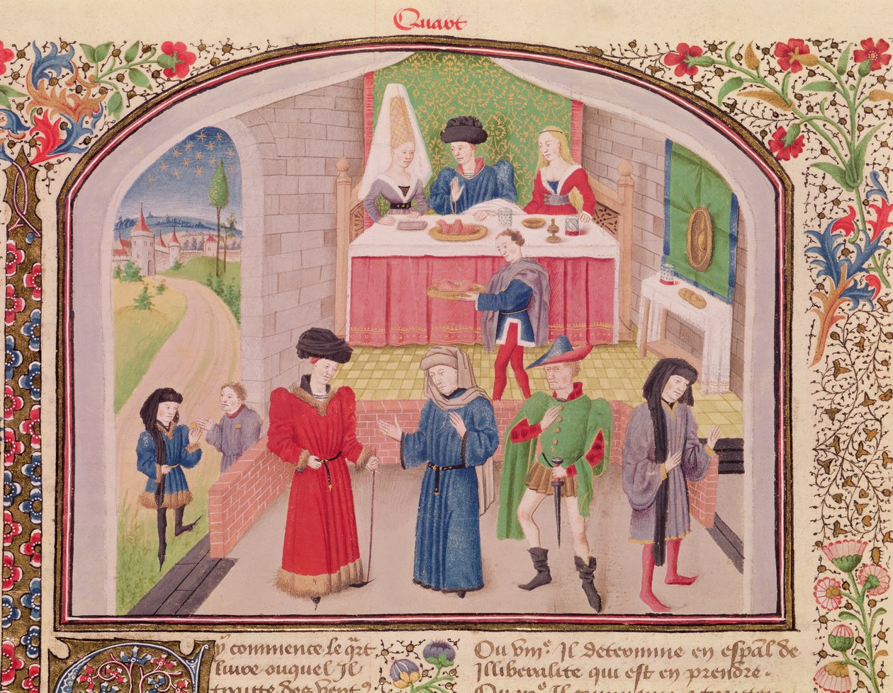 Ms 927 Fol.52v Prodigality, Liberality and Greed, teoksesta Etiikka, politiikka ja talous, Aristoteles (384-322 eKr.) tekijältä French School