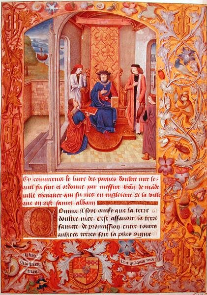 Ms 95 Fol.1 Kirjoittaja tarjoaa kirjansa Burgundin herttualle, Adolphe de Clevesin haarnismiehistä, 1400-luvun alku (vellum) tekijältä French School