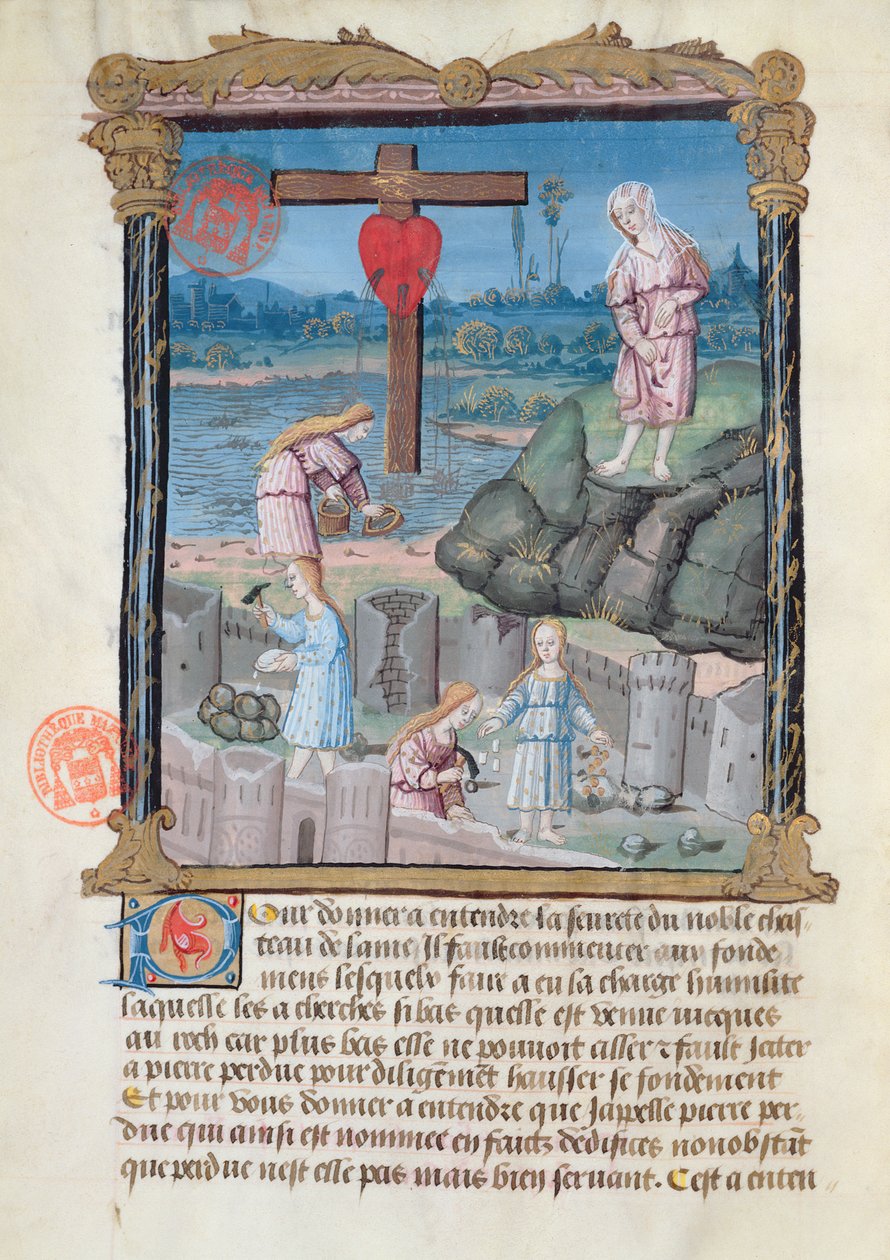 Ms 978 fol.31 Linnan rakentaminen, esimerkki Gabrielle de Bourbonin maallikoiden käyttöön tarkoitetusta hengellisestä tutkielmasta tekijältä French School