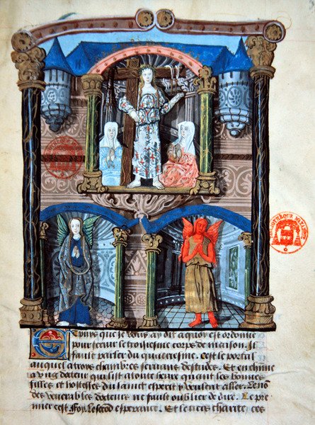 Ms 978 fol.39 "Linnan porttitalo", kuva Gabrielle de Bourbonin (vellum) maallikoiden käyttöön tarkoitetusta hengellisestä tutkielmasta tekijältä French School
