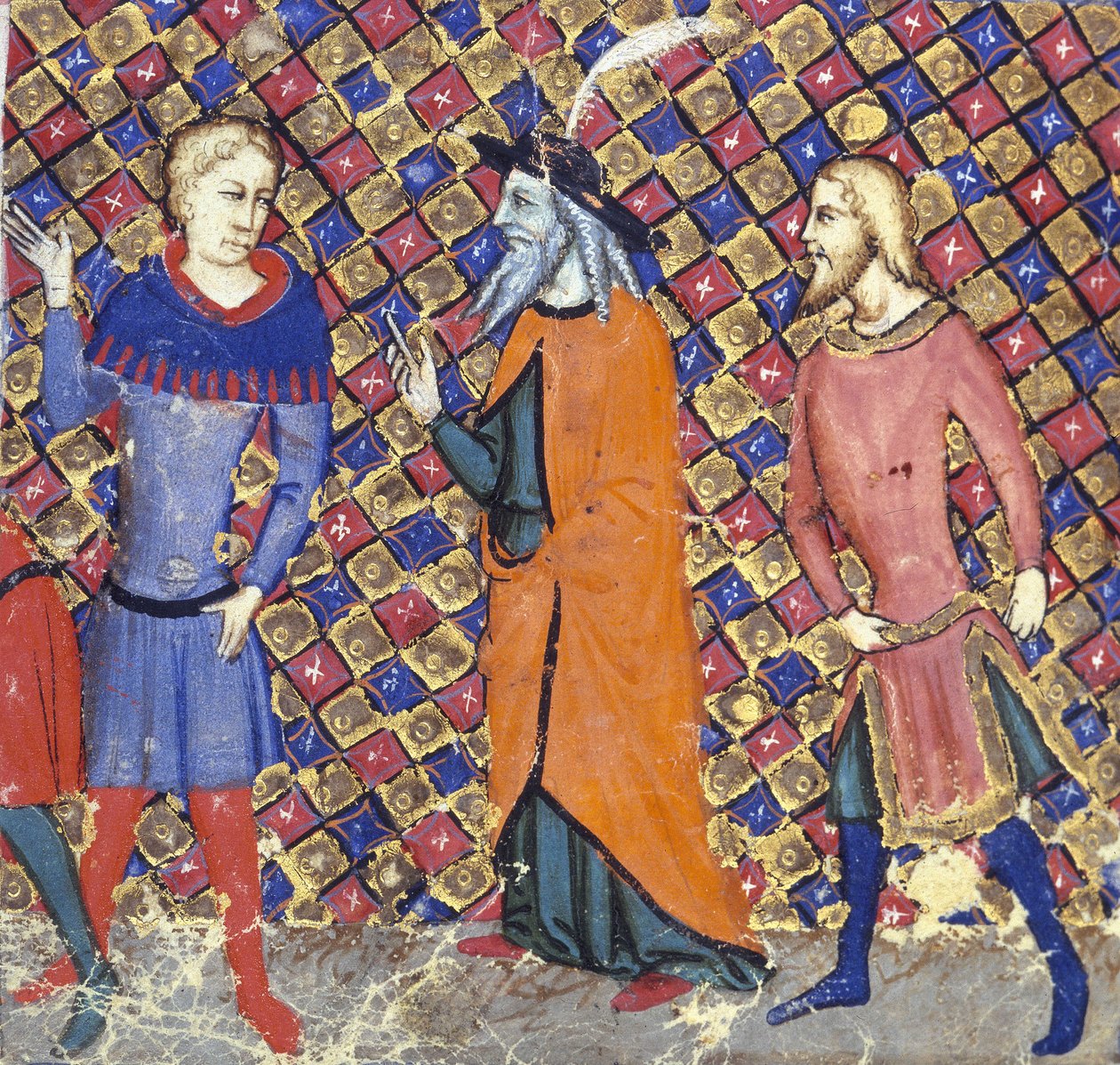 Ms Add 12228 Merlin kahdella seuralaisella, kuvitus Hélie de Boronin teoksesta "Meliadus or Guiron le Courtois" tekijältä French School