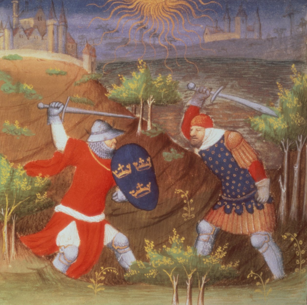 Ms Arsenal 5077 f.298 Kuningas Arthur taistelee roomalaista kenraalia vastaan Boucicaut-mestarin Histories-käsikirjoituksesta tekijältä French School