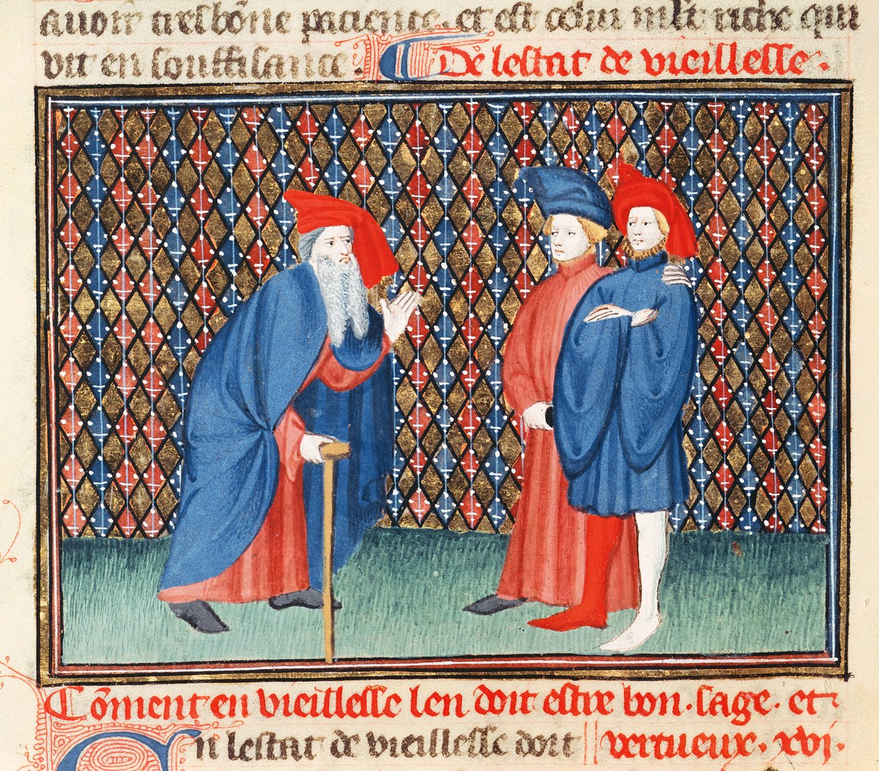 Ms Fr 1023 fol.57v Kuinka vanhusten tulee olla hyviä, viisaita ja hyveellisiä, Jacques le Grantin kirjasta Good Morals (1360-1415) tekijältä French School