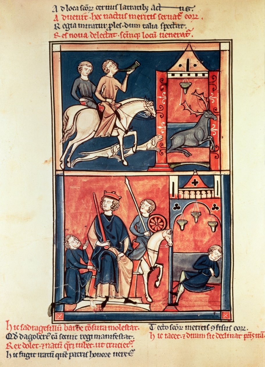 Ms Fr 1098 Hirvenmetsästys ja kuningas, mahdollisesti Dagobert I (632-39) valtaistuimellaan, St. Denisin elämästä ja ihmeistä tekijältä French School