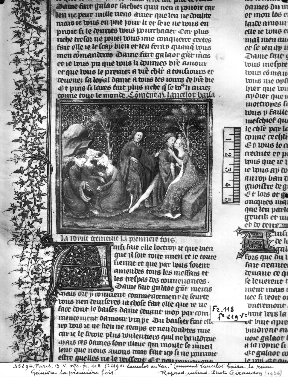 Ms Fr 118 fol.219v Kuinka Lancelot suuteli Guineverea ensimmäistä kertaa, Livre de Messire Lancelot du Lac tekijältä French School