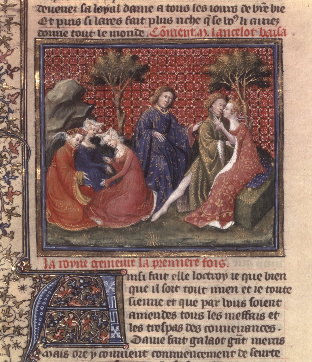 rouva Fr 118 fol. 219v sivu julkaisusta The Quest for the Holy Graal and Arthurs death, osa käsikirjoitusta Lancelot of the Lake tekijältä French School