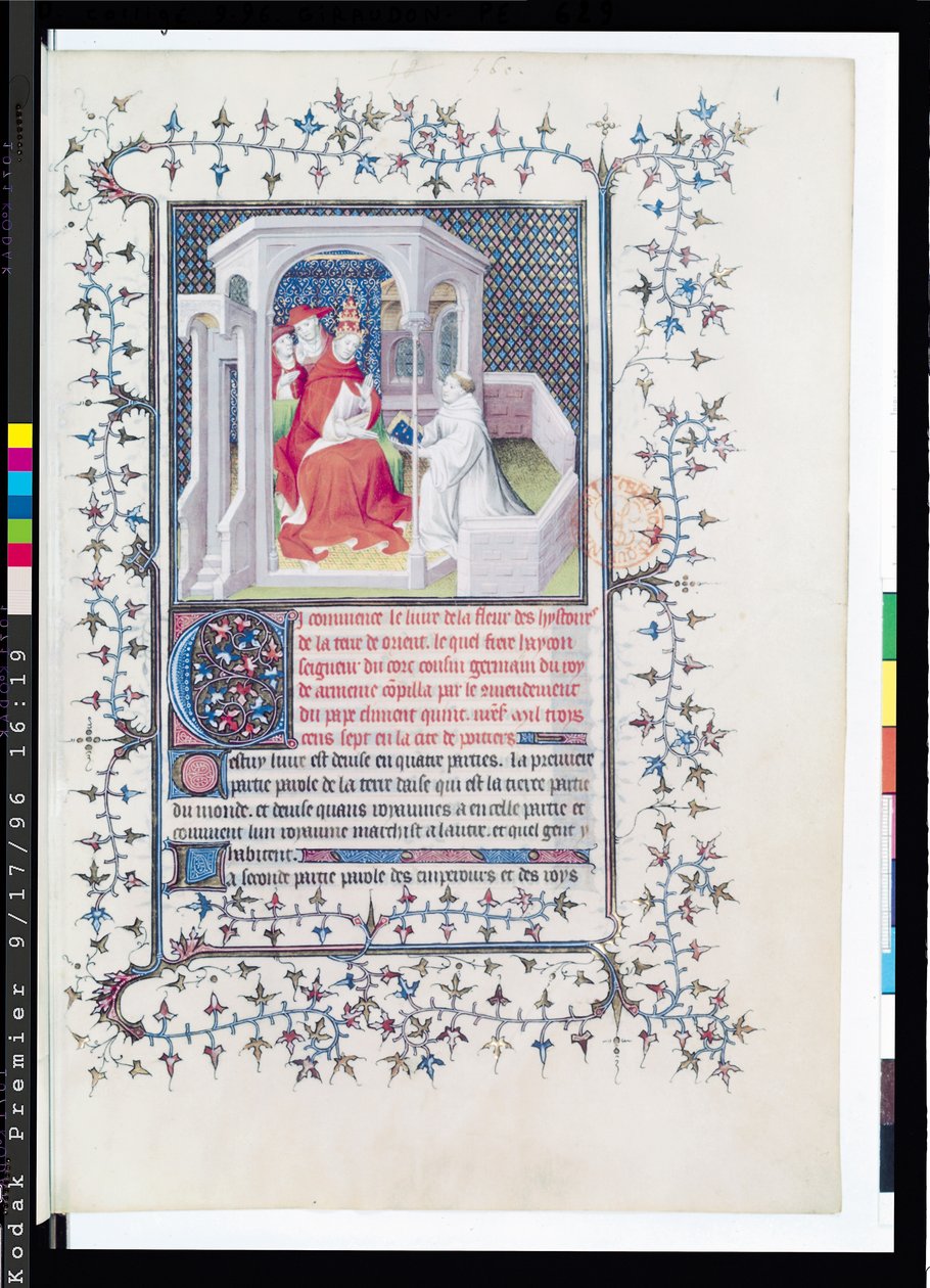 Ms Fr 12201 Fol.1 Hayton esittelee teoksensa paavi Clement V:lle (n. 1260-1320) Haytonin (d.1271) Flower of Stories from the Orient -teoksesta 1402 tekijältä French School