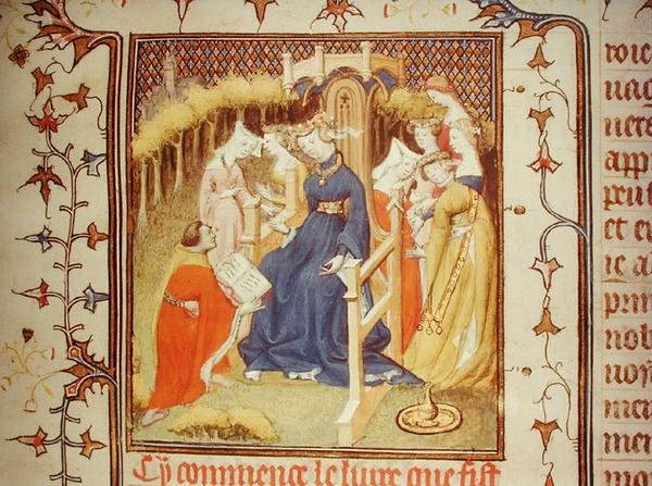 rouva Fr 12420 Tekijä esittelee teoksensa naisryhmälle, Giovanni Boccaccion (1313-75) De Claris Mulieribusista (vellum) tekijältä French School