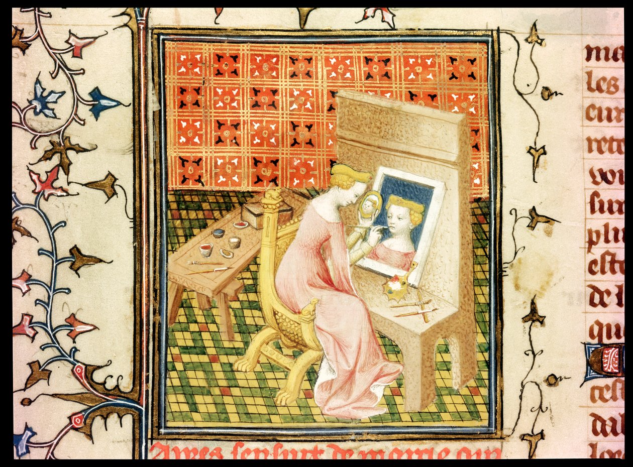 Ms Fr 124220 fol.101v St. Marcia (k.632) Omakuvan maalaus, De Claris Mulieribus, , Giovanni Boccaccio (1313-75) tekijältä French School