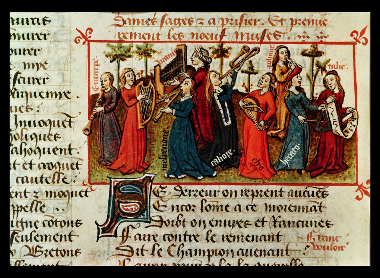 Ms Fr 12476 Fol.109v Martin le Francin (1410-61) Le Champion des Damesin yhdeksän muusaa 1451 tekijältä French School