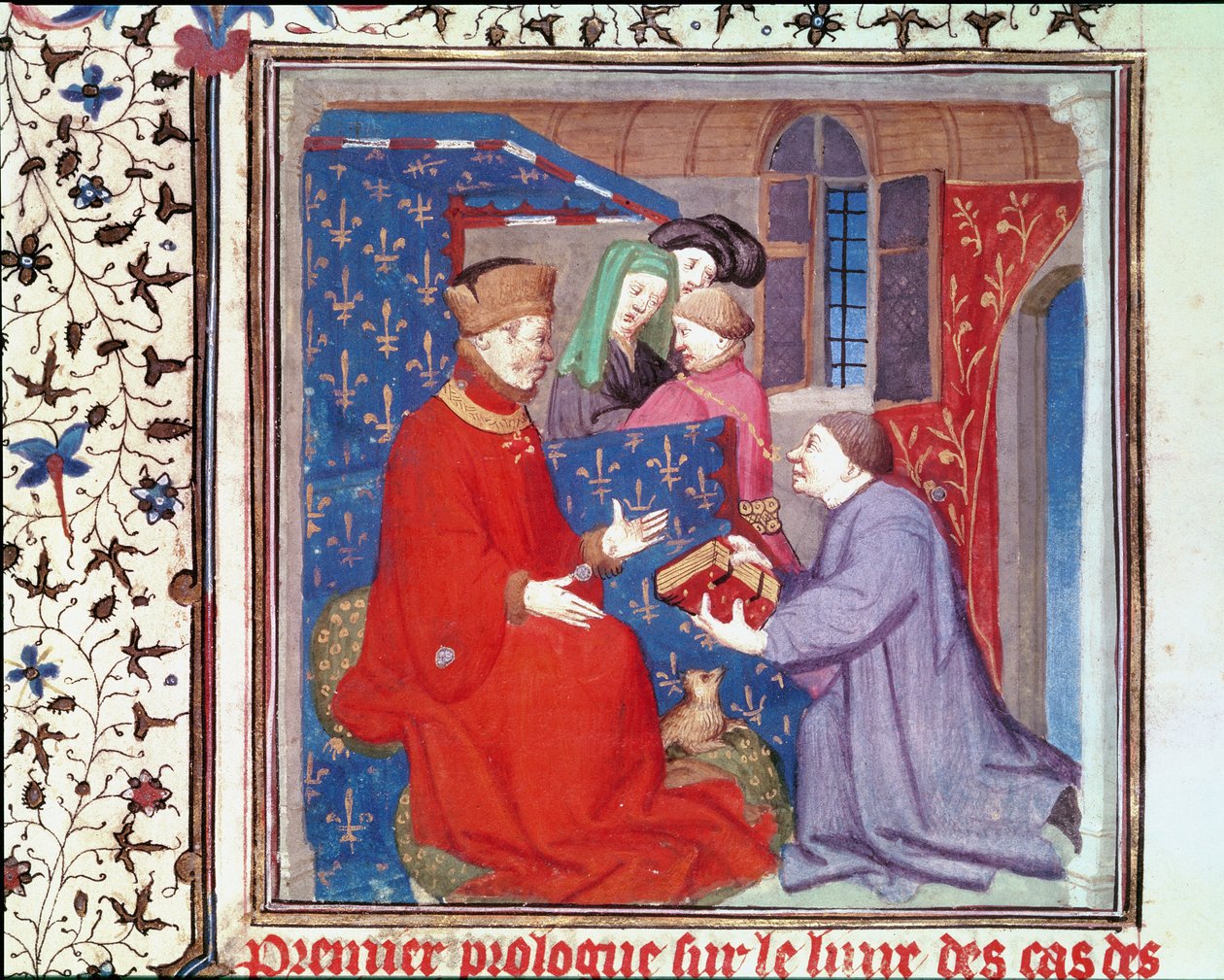 Ms Fr 131 f.1 Jean (1340-1416) Berryn herttua vastaanottamassa käsikirjoituksen Boccacciosta, Giovanni Bocaccion (1313-75) Cas des Nobles Hommes et Femmes -teoksesta tekijältä French School