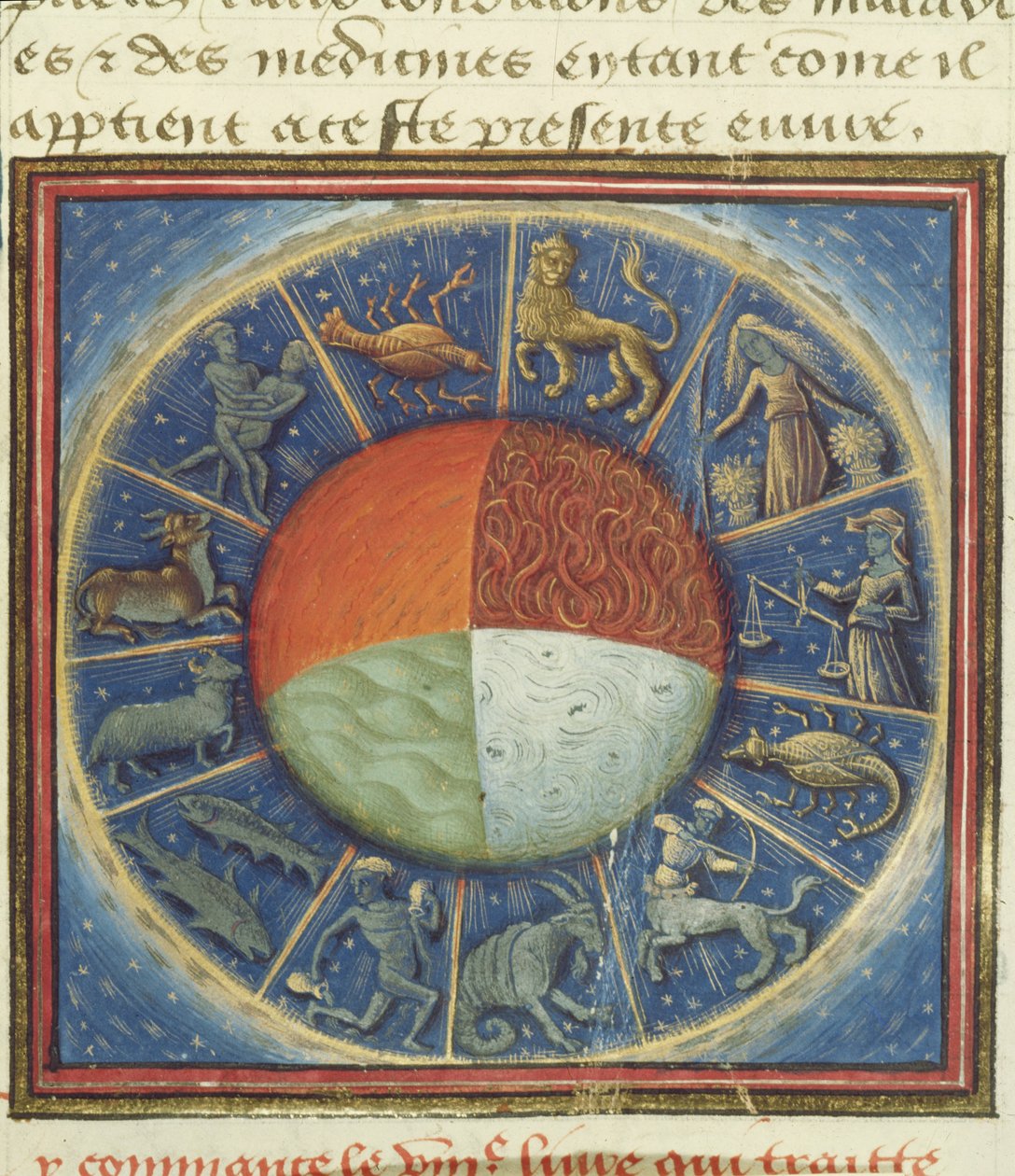 Ms Fr 135 Fol.285 Maan neljä elementtiä, joissa on kaksitoista horoskooppimerkkiä, Barthelemy lAnglaisin teoksesta Des Proprietez des Choses, 1445-50 tekijältä French School