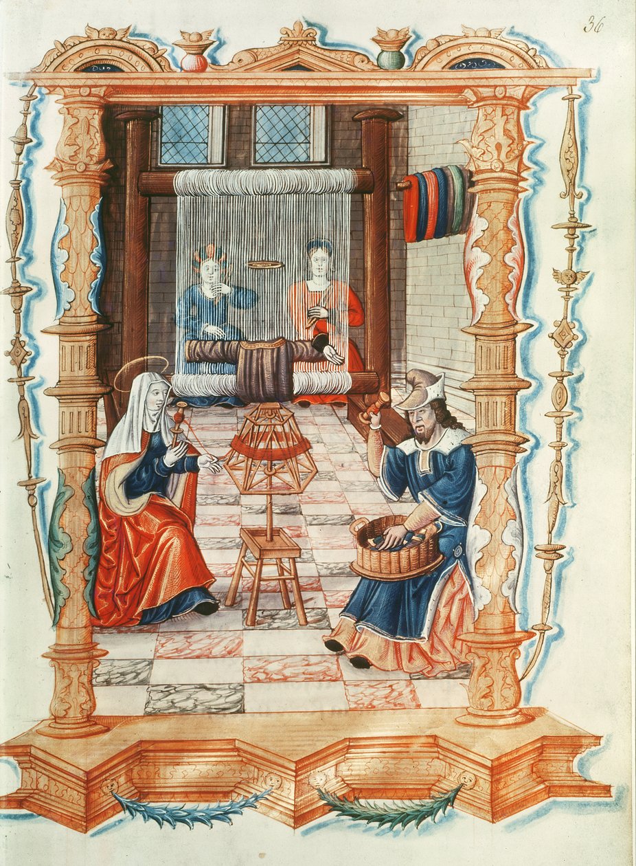 Ms Fr 1537 Fol.36 Neitsyt Maria kutomassa työpajassa, Chants royaux sur la Conception Couronnee du Puy de Rouen tekijältä French School