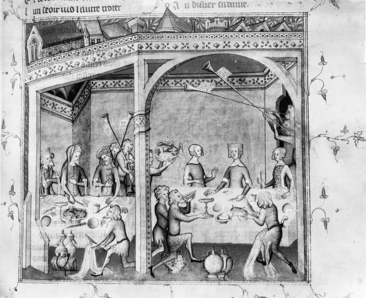 Ms Fr 1584 Muusikot viihdyttämässä juhlissa, n. 1370 (käsikirjoitus) tekijältä French School