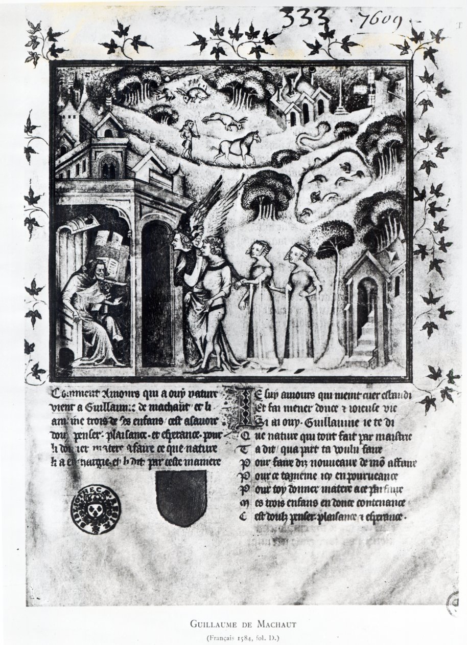 Ms Fr 1584 f.D Rakkautta vastaanottava kirjailija, joka tuo hänelle Sweet Thoughts, Pleasure and Hope, n. 1370 (käsikirjoitus) tekijältä French School