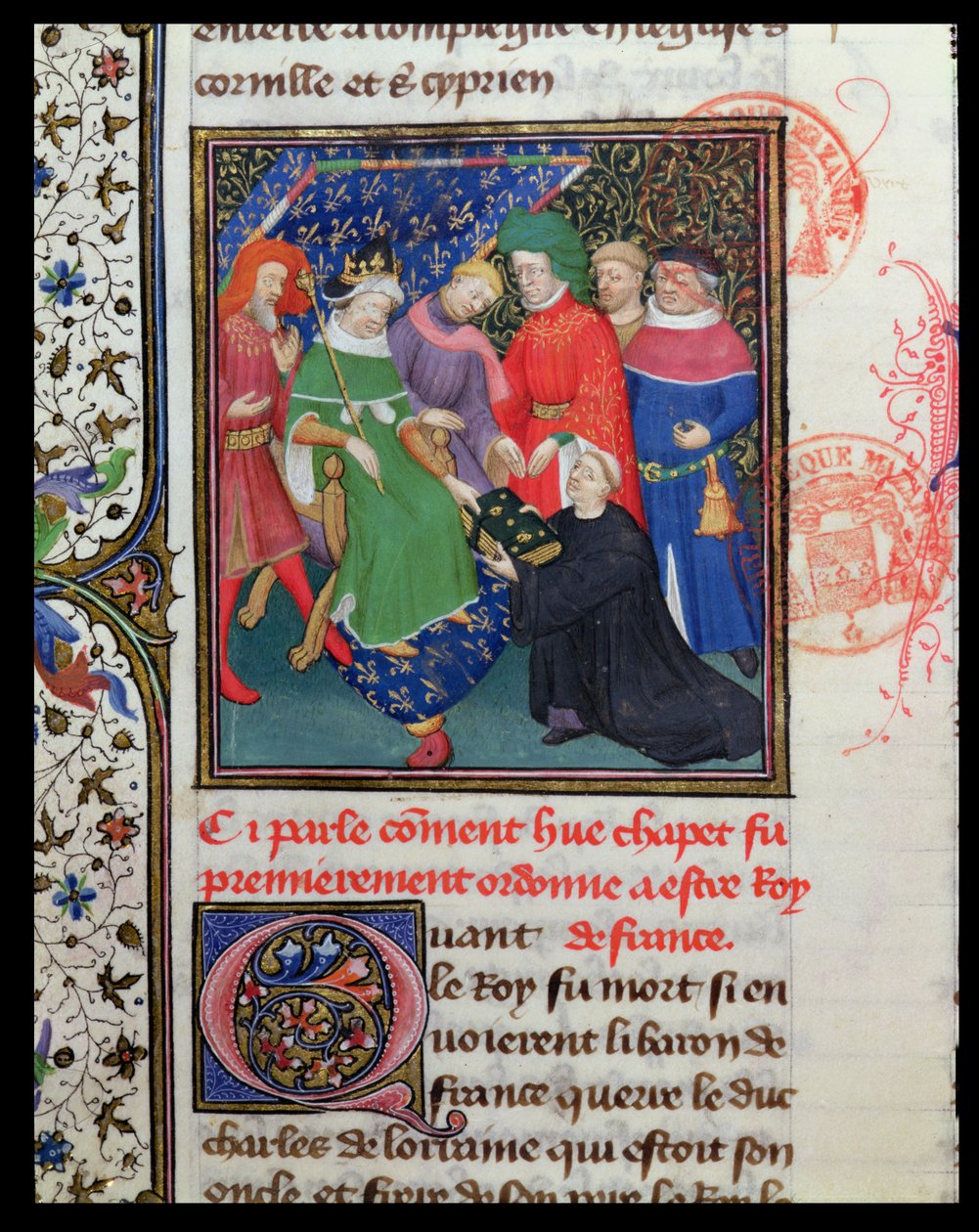Ms Fr 2029 fol.30v. Hugues I Capet (941-996), kuningas hatun kanssa tekijältä French School