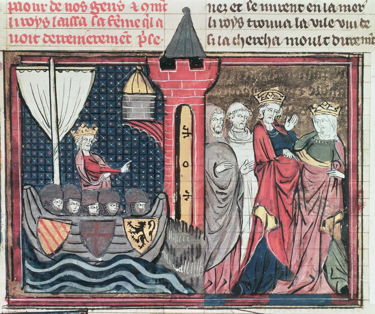 Ms Fr 22495 Fol.101 Baldwin I ylittää Jordanjoen ja luopumassa vaimostaan, Le Roman de Godefroi de Bouillon, 1337 tekijältä French School