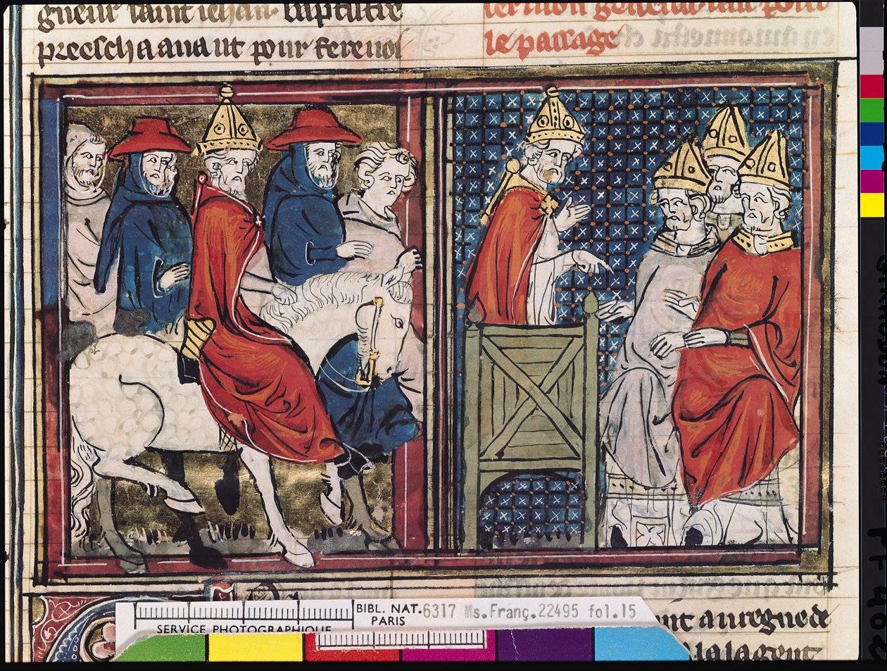 Ms Fr 22495 Fol.15 Clermontin kirkolliskokous ja paavi Urbanus II:n (n. 1035-1099) saapuminen Ranskaan, Le Roman de Godefroi de Bouillonista, 1337 tekijältä French School