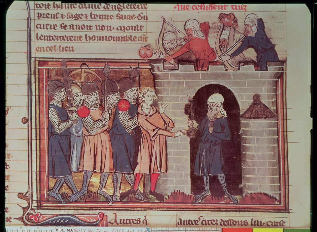 Ms Fr 22495 f.32v 1st Crusade. Tarsuksen antautuminen Tancred de Hautevillelle, 1097, Le Roman de Godefroi de Bouillonista tekijältä French School