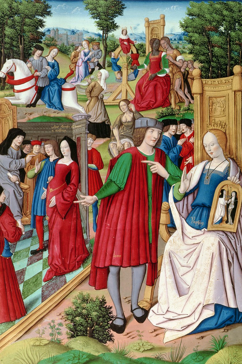 Ms Fr 225 f.120 Ludvig XII (1462-1515) keskustelemassa Anne of Bretagnen (1496-1533) kanssa, kuva Petrarchin (1304-74) 1503:sta Remedes de lune et lautre Fortune tekijältä French School