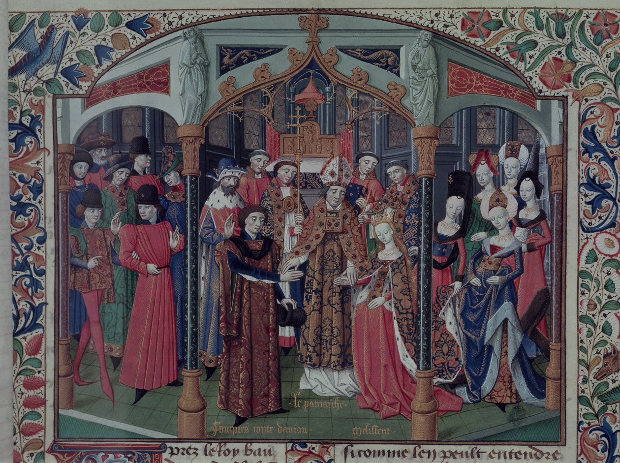 Ms Fr 2629 fol.167 Queen Melisande of Jerusalem (1109-60) meni naimisiin Anjoun Fulk V:n (1092-1143) kanssa Tyroksen Williamin (n. 1130-85) Jerusalemin valloittamisesta n. 1470 tekijältä French School