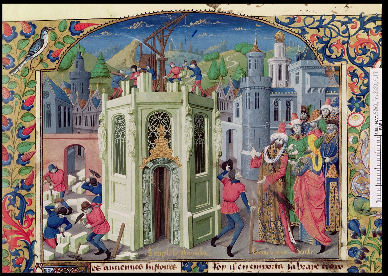 Ms Fr 2629 fol.17 Sulttaani Omar käynnistää Jerusalemin temppelin jälleenrakentamisen. Histoire de la conquete de Jerusalem, jonka on kirjoittanut Vilhelm Tirolainen (n. 1130-85) n. 1470 tekijältä French School