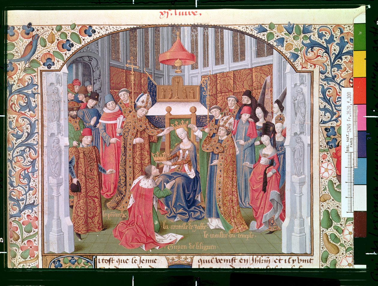 Ms Fr 2629 fol.300 Jaffan kreivitär (n. 1136–1188) kruunasi Tyrelaisen Williamin (n. 1130–1185) Guy of Lusignanin (k. 1194) Jerusalemin historiasta. tekijältä French School
