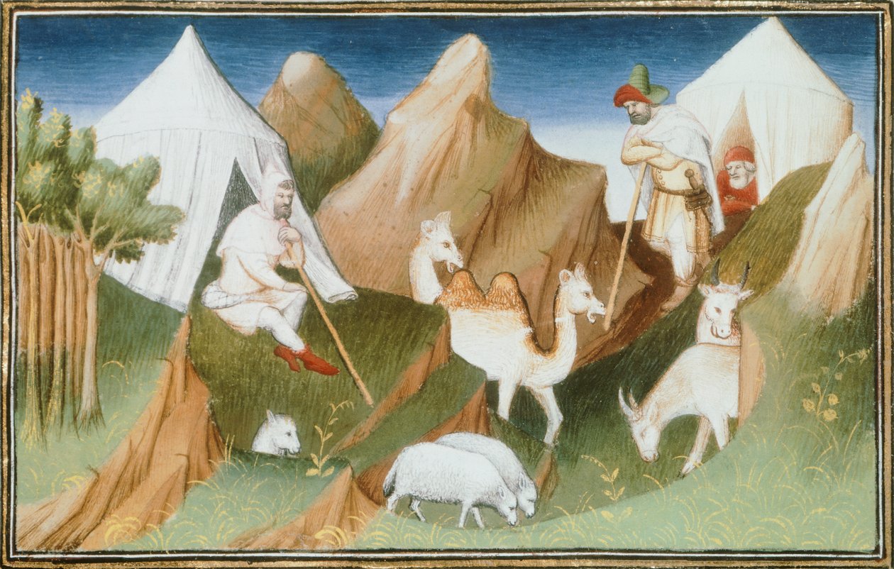 Ms Fr 2810, Karachar-paimentolaiset laujoineen, miniatyyri Marco Polon ja Rustichellon Livre des merveilles du monde -kirjasta (Maailman ihmeiden kirja), n. 1410-1412 (tempera vellum) tekijältä French School