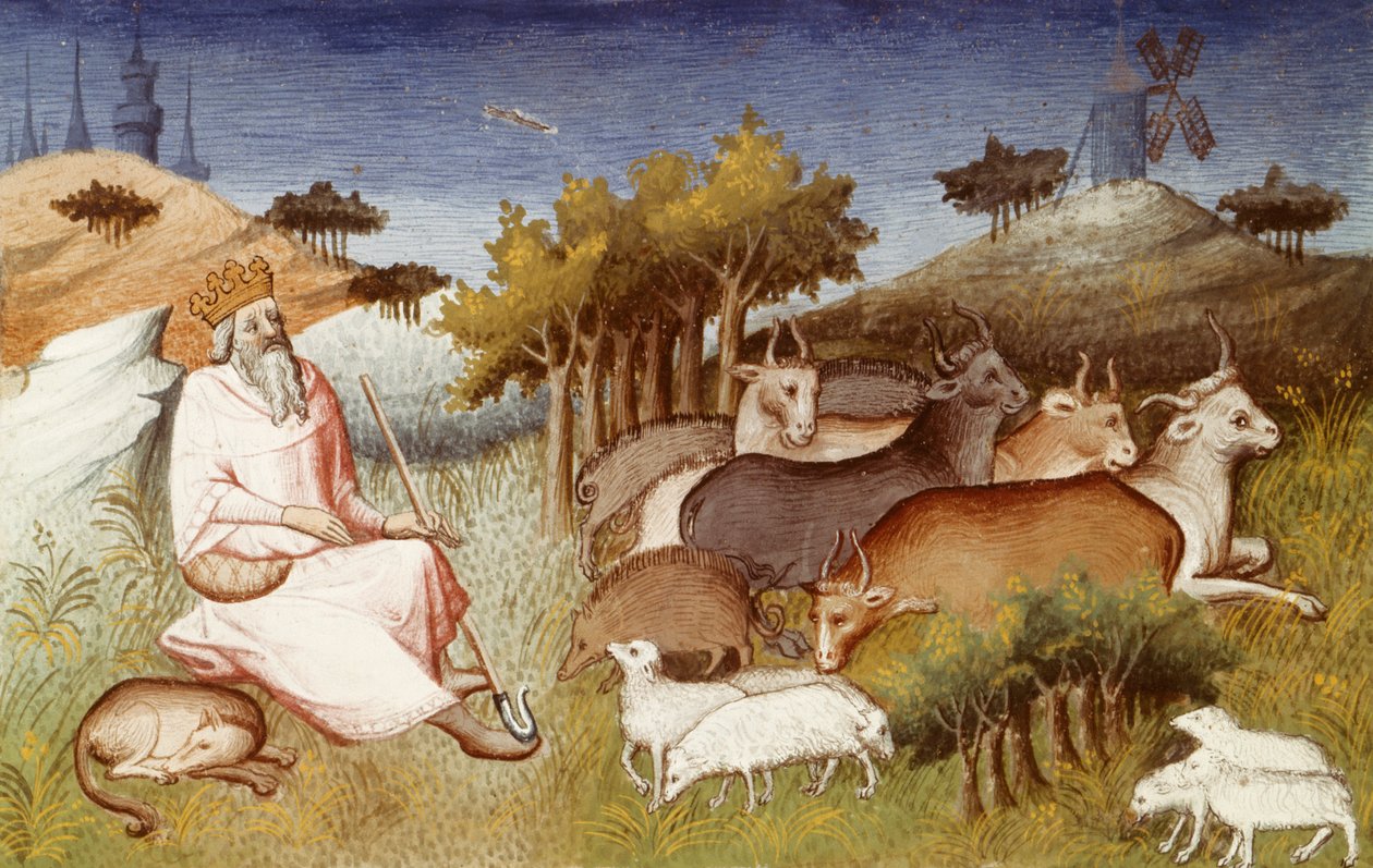 Ms Fr 2810, kuningas Dor vartioi laumaansa, miniatyyri Marco Polon ja Rustichellon Livre des merveilles du monde -kirjasta (Maailman ihmeiden kirja), n. 1410-1412 (tempera vellum) tekijältä French School