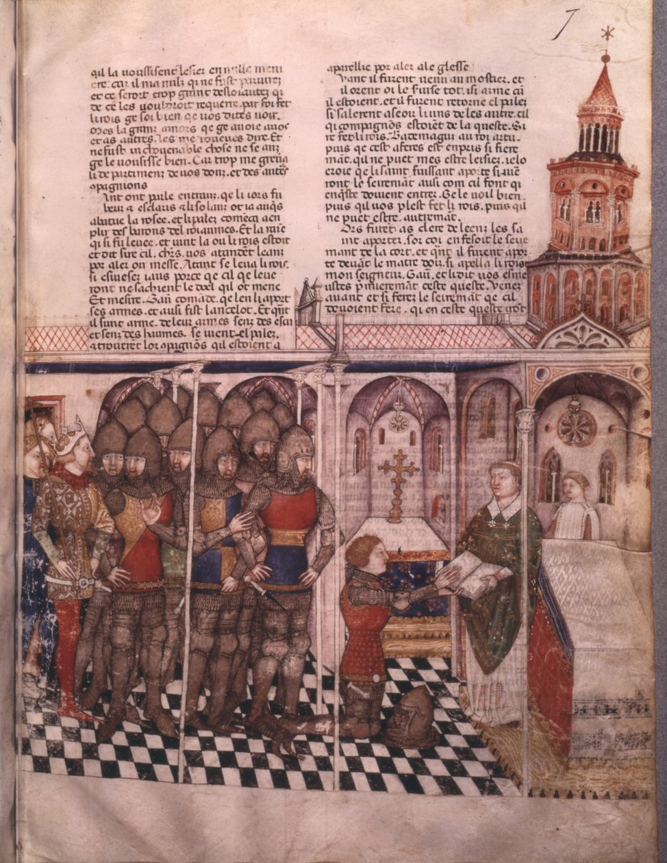 rouva Fr 343 fol. 7 Graalin etsintä ja Arthurin kuolema, ritari vannomassa valan tekijältä French School