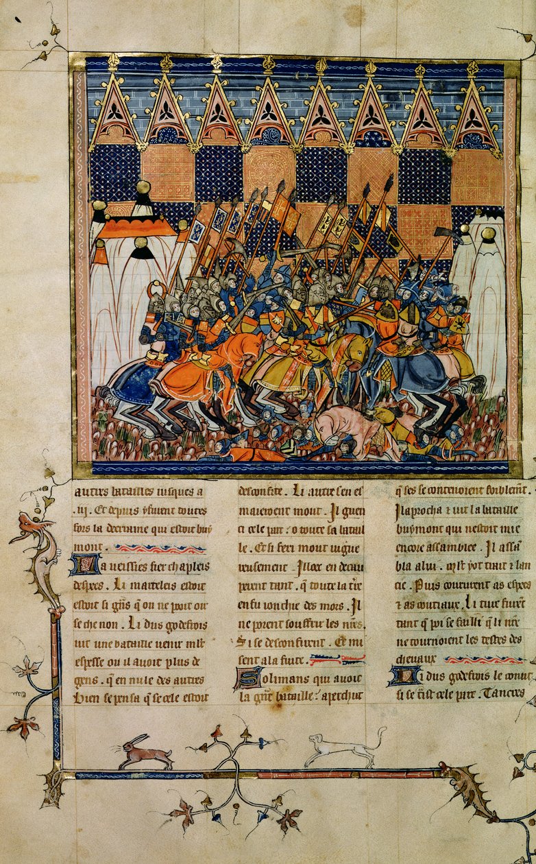 rouva Fr. 352 fol. 49v Taistelukohtaus Godefroi de Bouillonin elämäkerrasta, A History of Western Saints tekijältä French School
