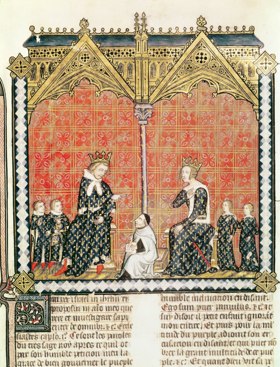 Ms Fr 437 fol.1 King Charles V (1338-80) ja Jeanne de Bourbon (1338-77) lastensa kanssa, Guillaume Durandin (1230-96) Rational des divins -toimistoista 1374 tekijältä French School