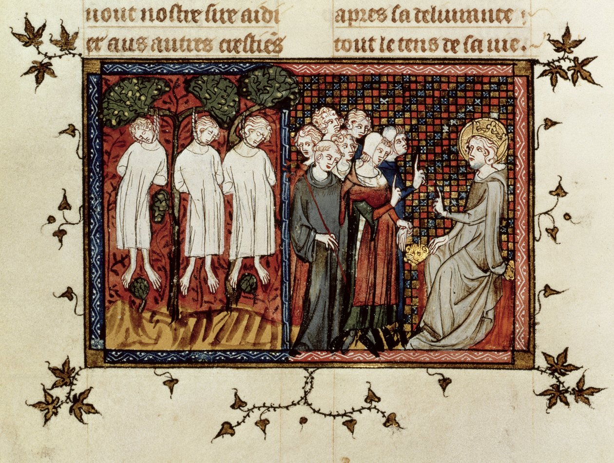 rouva Fr. 5716 fol.246 St. Louis julistaa tuomion ja tuomitseva Enguerrand de Coucyn (1228-1311) kolmen nuoren aatelisen hirttämisestä St. Louisin elämästä ja ihmeistä, noin 1330-1340 tekijältä French School