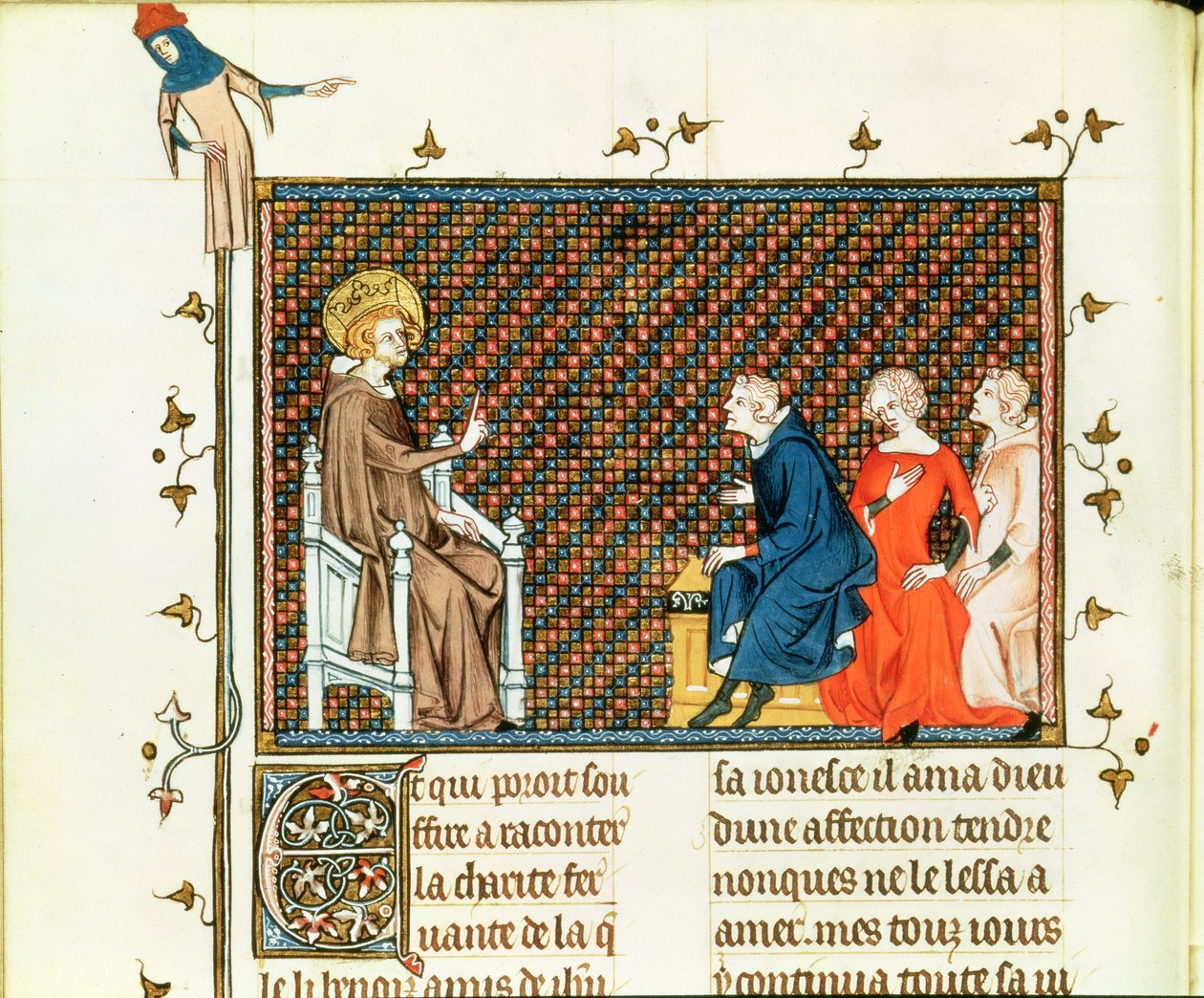 rouva Fr. 5716 fol.44 St. Louis opettamassa lapsiaan, teoksesta Life and Miracles of St. Louis, n. 1330-1340 tekijältä French School