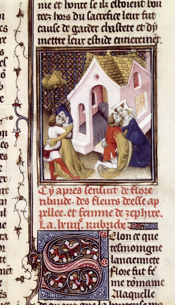 Ms Fr 598 f.97 Prostituoituja asiakkaiden kanssa, Des Claires et Nobles Femmes, Giovanni Boccaccio (1313-75) n. 1403 tekijältä French School
