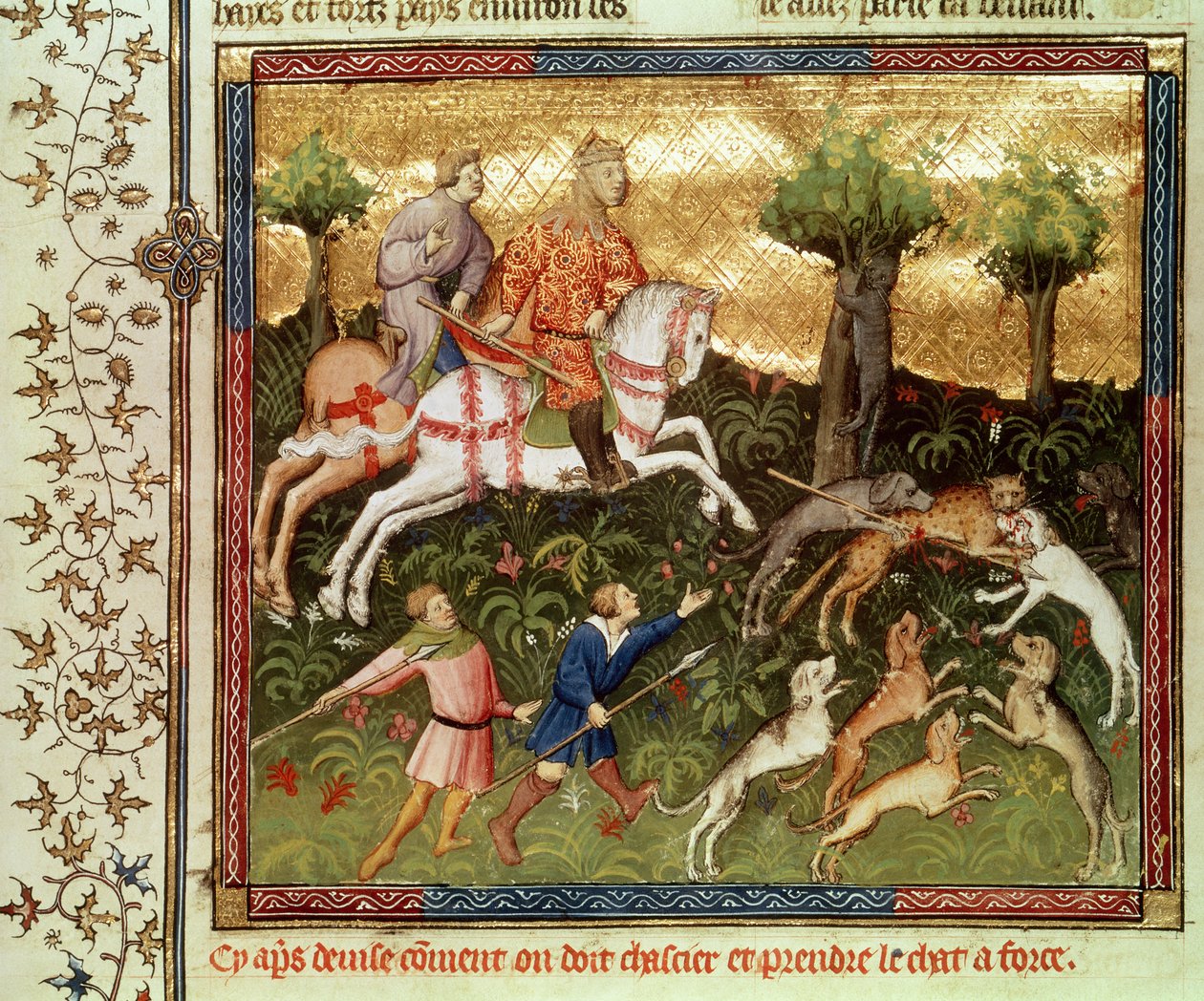 Ms Fr 616 fol.101 Koirat hyökkäämässä leopardia vastaan, Gaston Phebus de Foixin (1331-91) kirjasta tekijältä French School