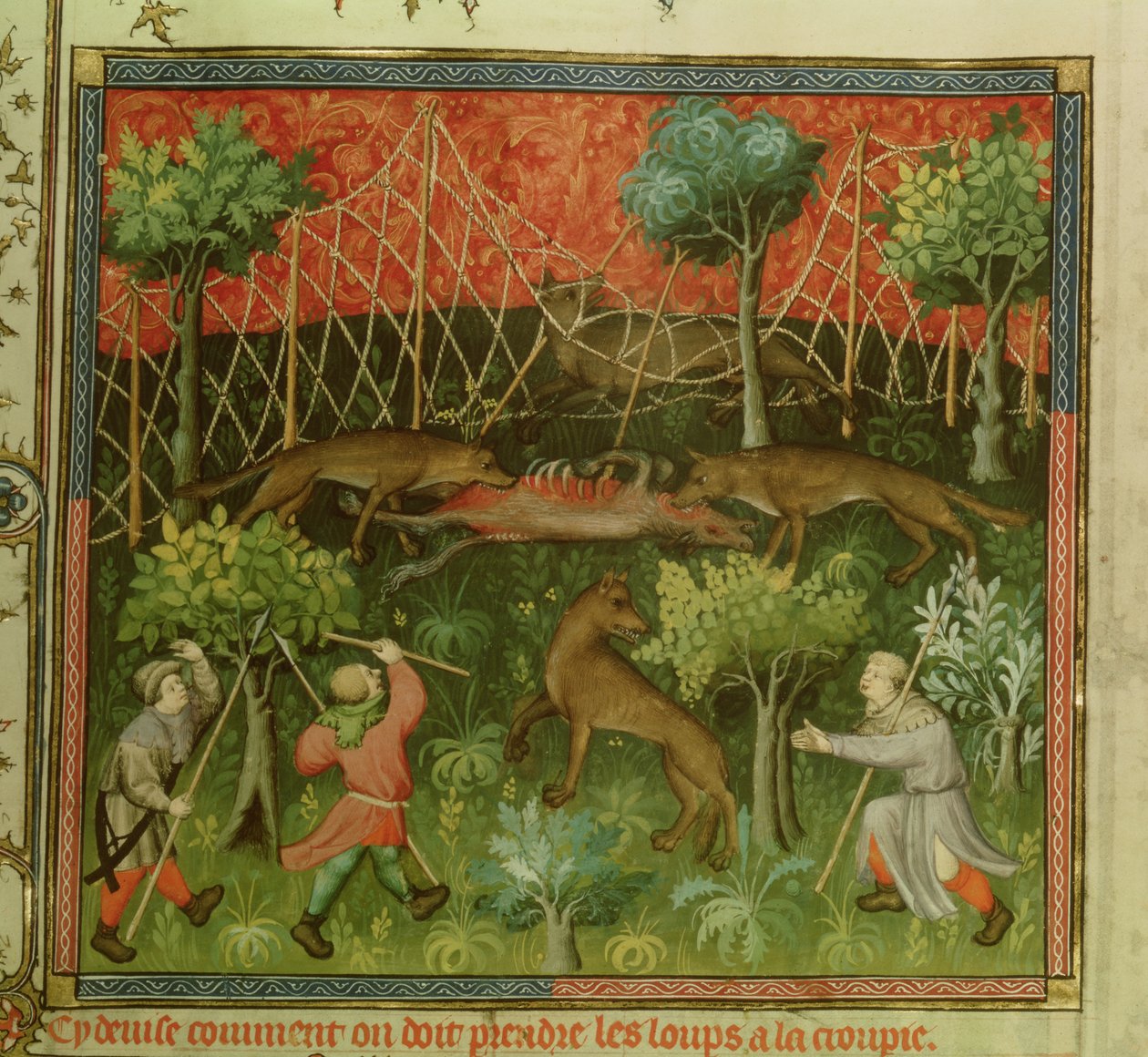 Ms Fr 616 fol.111 Susimetsästys verkkojen avulla Livre de la Chassesta, kirjoittanut Gaston Phebus de Foix (1331-91) tekijältä French School