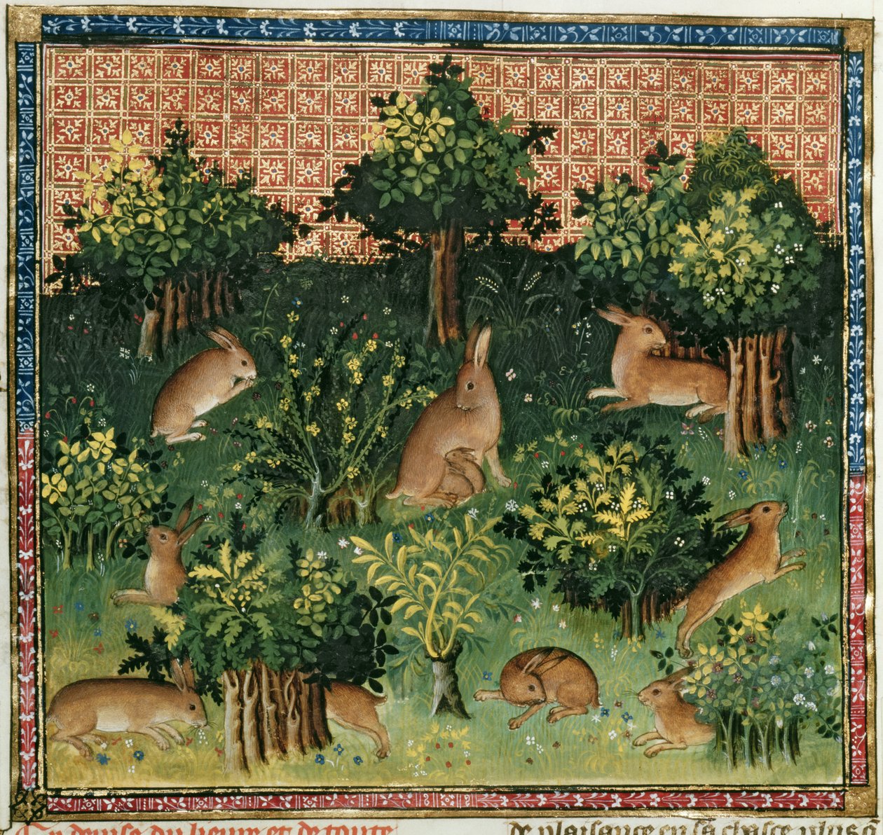Ms Fr 616 fol.24v Jänikset metsässä, Livre de la Chassesta, kirjoittanut Gaston Phebus de Foix (1331-91) tekijältä French School