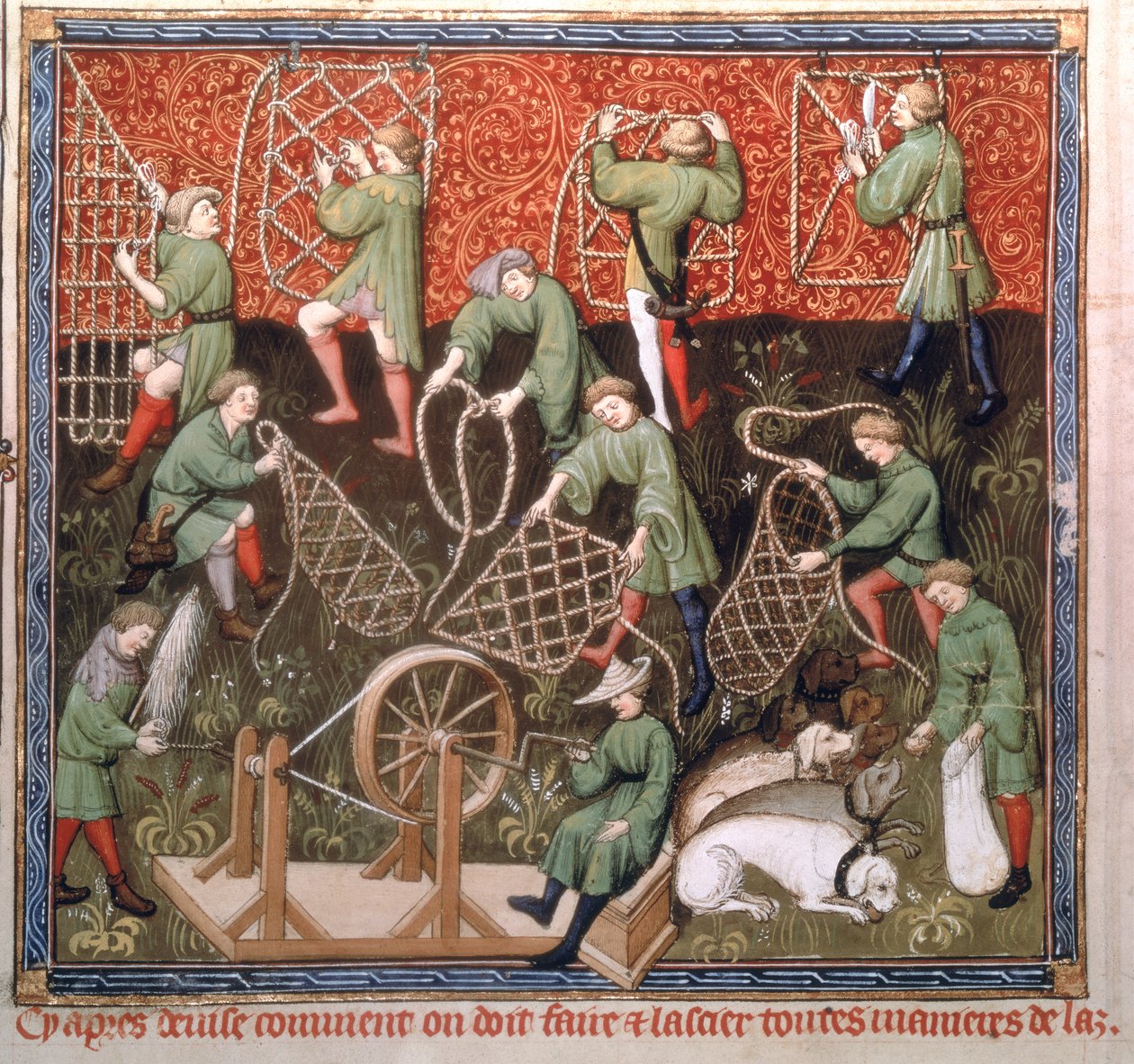 Ms Fr 616 fol.53v Miehet verkkoineen, Livre de la Chassesta, kirjoittanut Gaston Phebus de Foix (1331-91) 1400-luvun alussa tekijältä French School