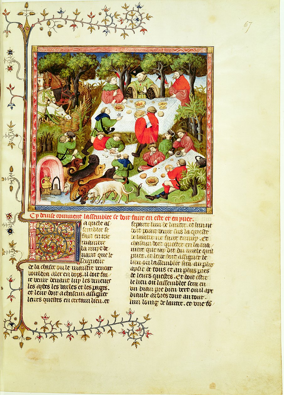 Ms Fr 616 fol.67 Metsästäjät, jotka pitävät ennen polttarit, Livre de la Chassesta, kirjoittanut Gaston Phebus de Foix (1331-1391) tekijältä French School