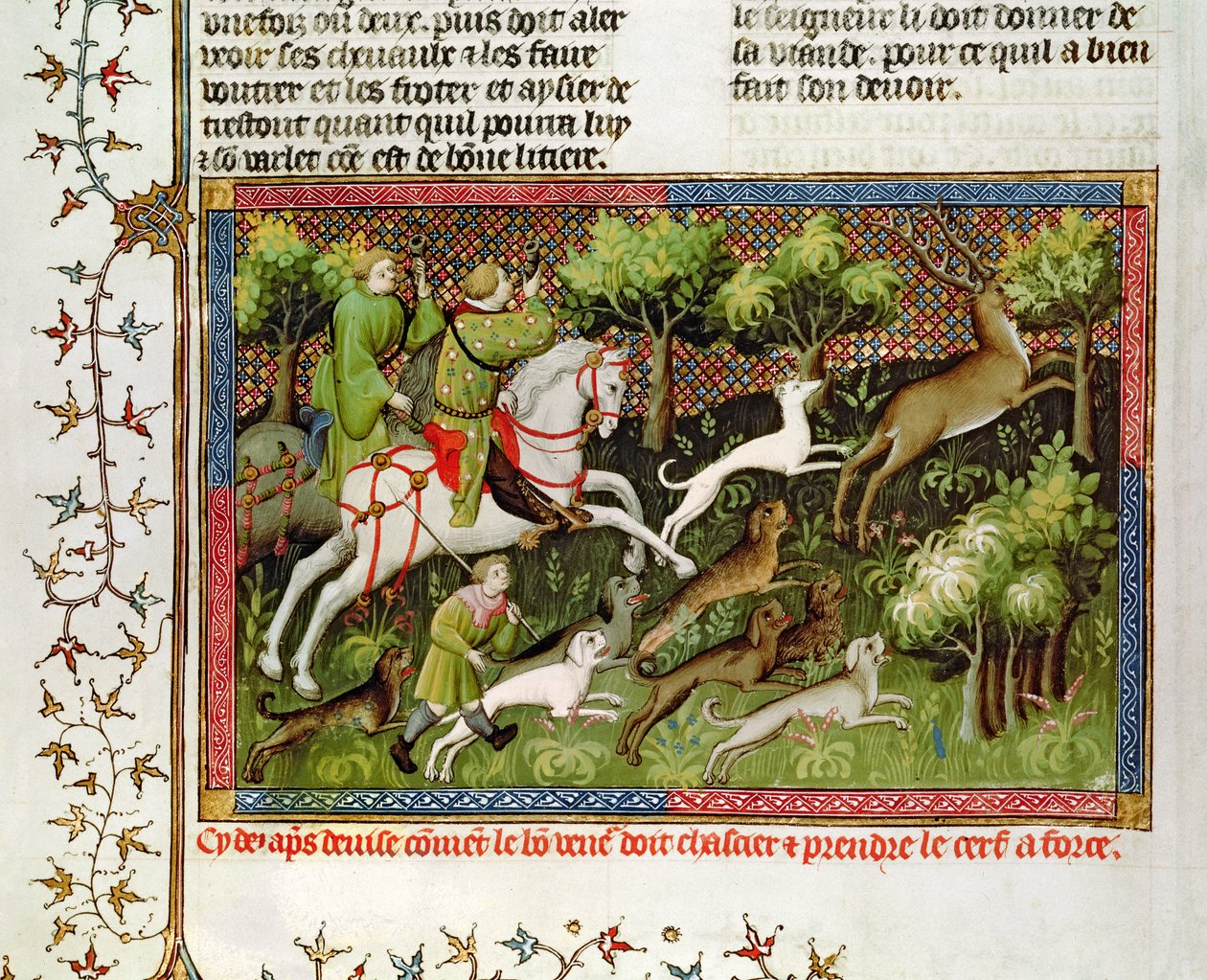 Gaston Phebus de Foix (1331-91) rouva Fr 616 fol. 77 Stag Hunting, Livre de la Chassesta tekijältä French School