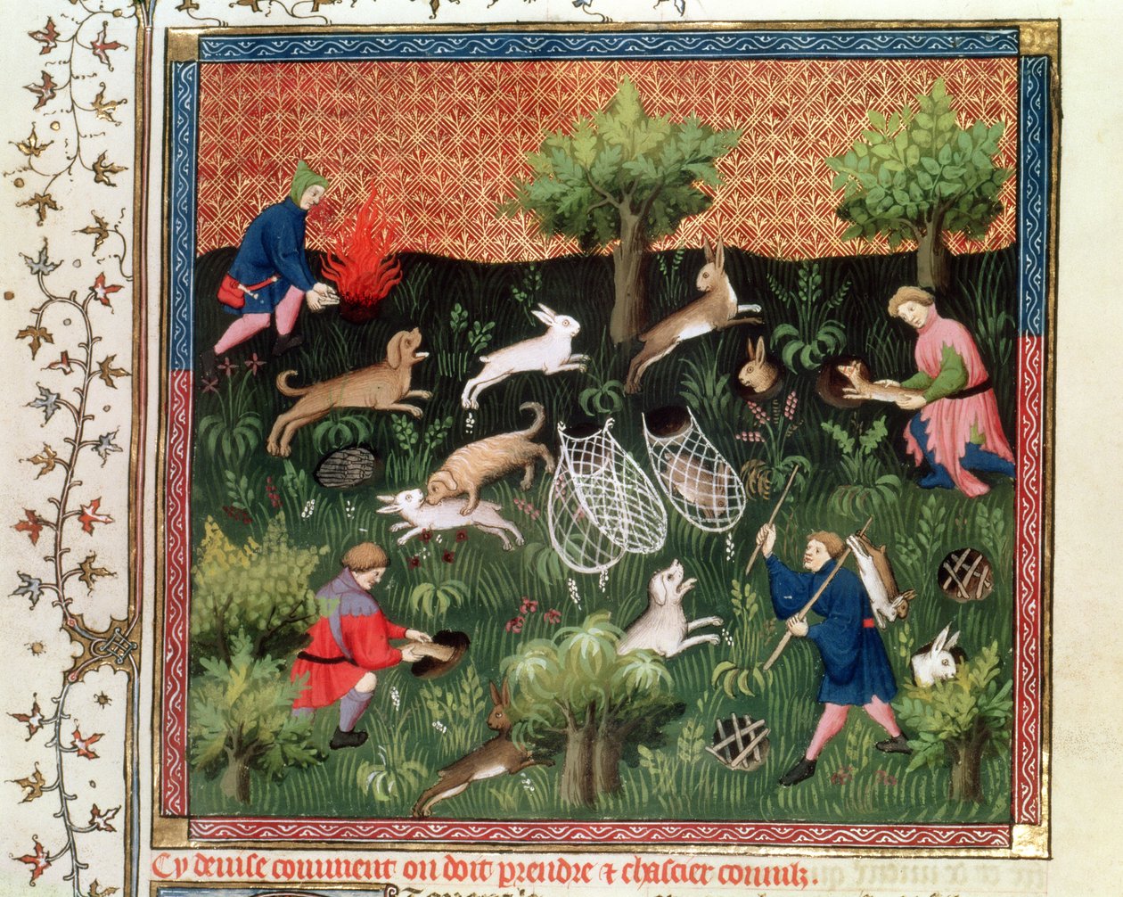 Ms Fr 616 fol.92 Jäniksen metsästys, Gaston Phebus de Foix (1331-91), Livre de la Chassesta, 1400-luvun loppu tekijältä French School
