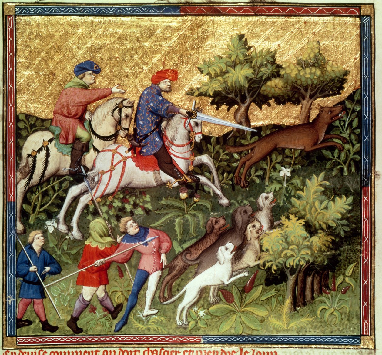 Ms Fr 616 fol.96v Wolf hunt, Gaston Phebus de Foixin (1331-91) kirjasta tekijältä French School