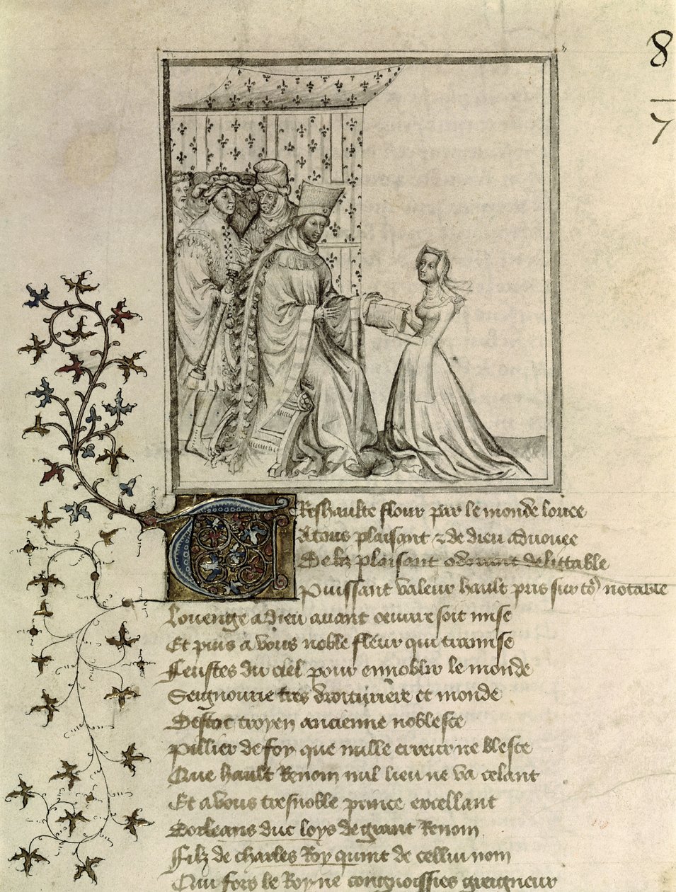Ms Fr 848 fol.1 Christine de Pisan (1364-1430) esittelee teoksensa Louisille, Orleansin herttualle (1372-1407) Christine de Pisanin Othean kirjeestä Hectorille, n. 1405 tekijältä French School