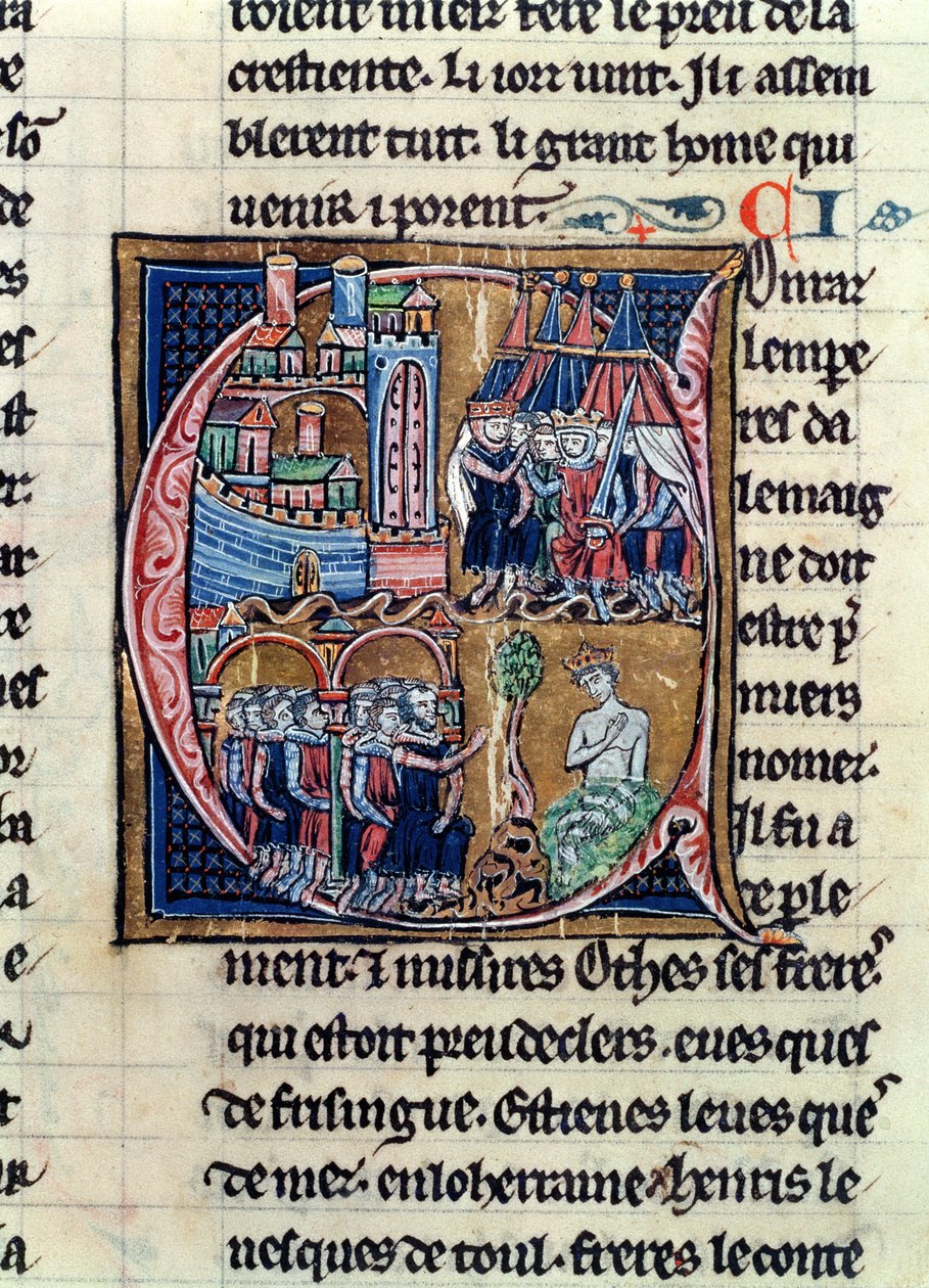 Ms Fr 9081 fol.206 Historioitu alkukirjain C, joka kuvaa Konrad III:ta (1137-52) Saksan keisaria ja Ludvig VII:tä (1120-80) Ranskan kuningasta, joka piiritti Damaskosta vuonna 1148, Histoire de Jerusalemista, William of the Jerusalemista tekijältä French School