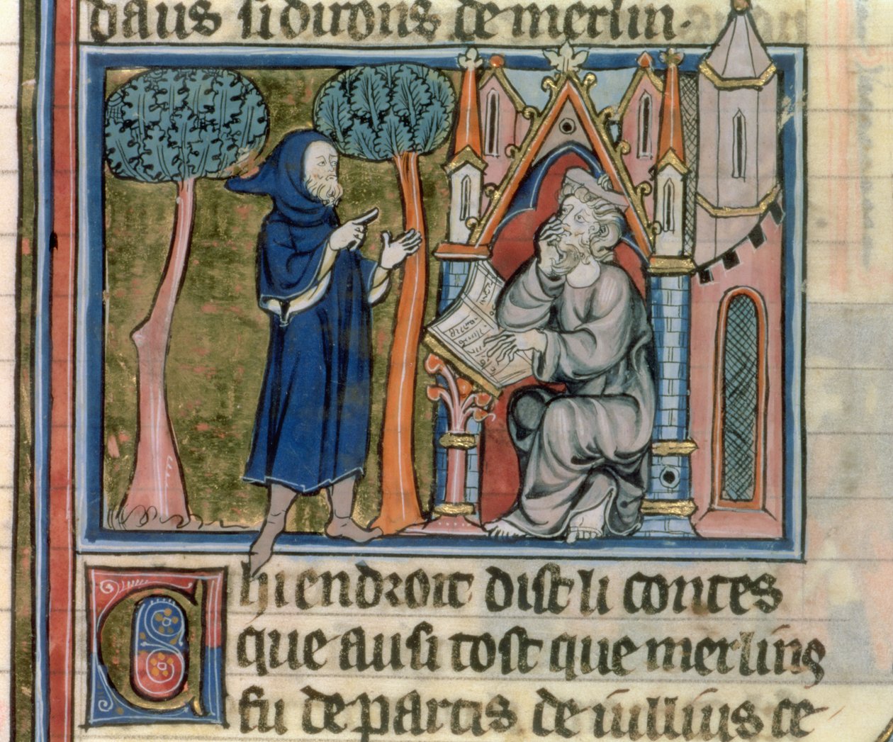 rouva Fr. 95 f.268 Merlin sanelee tarinan Blaiselle, lHistoire de Merlinistä, n. 1280-1290 tekijältä French School