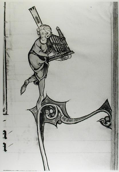 Ms Fr 95 fol.273 Muusikko soittamassa portatiivisia urkuja, lHistoire de Merlin, n. 1280-1290 tekijältä French School