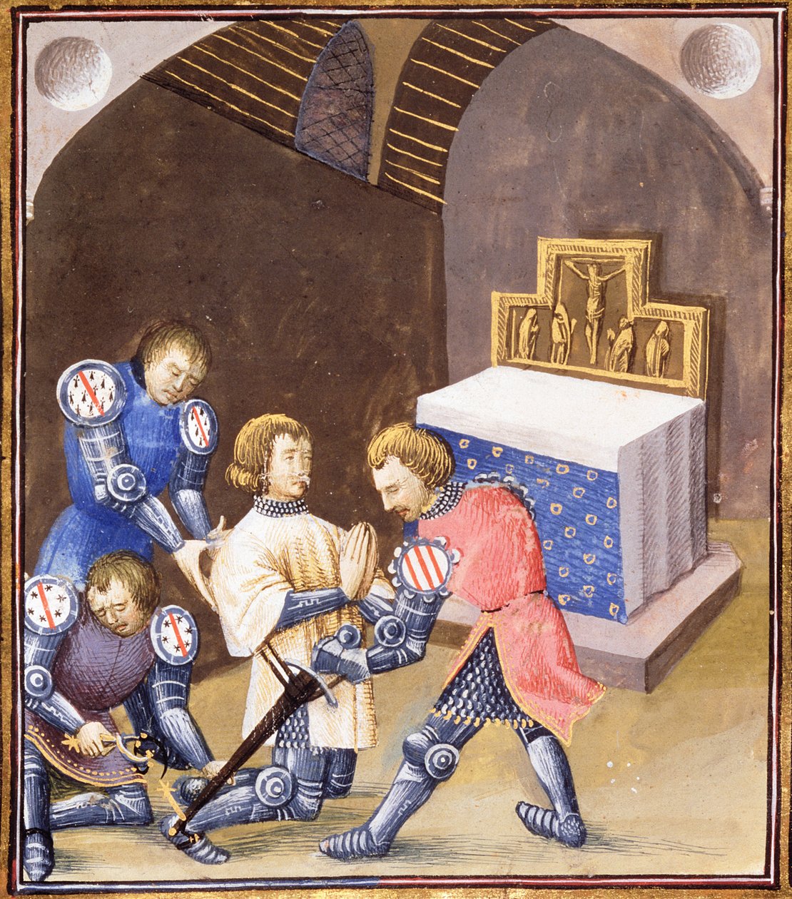 Ms Fr 99 f.561 Galahad saa miekan ja kannuksia rituaalin rituaalissa ennen kuin hän lähtee Graal-matkalle tekijältä French School