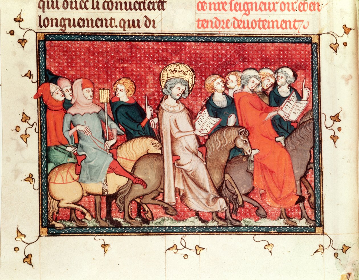 Ms Fr fol.48 Kuningas sanelemassa tuntinsa ratsastaessaan, St. Louisin elämä ja ihmeet, n. 1330-40 tekijältä French School